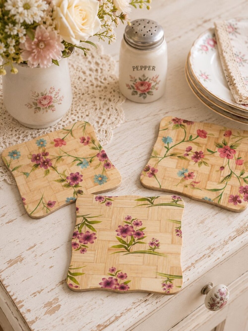 Set of 3 Vintage Bamboo Floral Trivets Coasters Cottagecore Shabby Chic 6.5